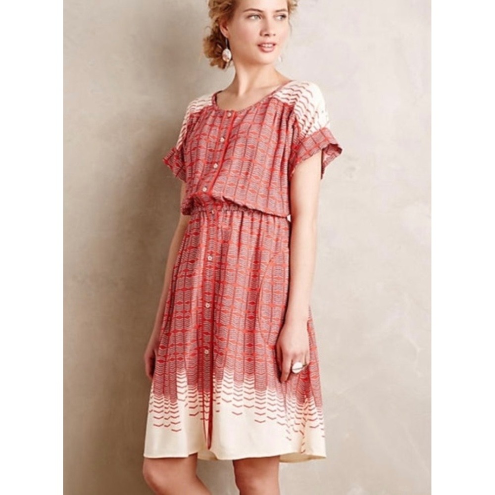Maeve Anthropologie Red Cream Button Front Midi Dress M Shirtdress Boho EUC